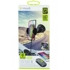 Muvit Soporte Móvil para Coche con Cargador Inalámbrico Qi 5W/7.5W para Salpicadero/Parabrisas/Rejilla de Ventilación 2A 10W